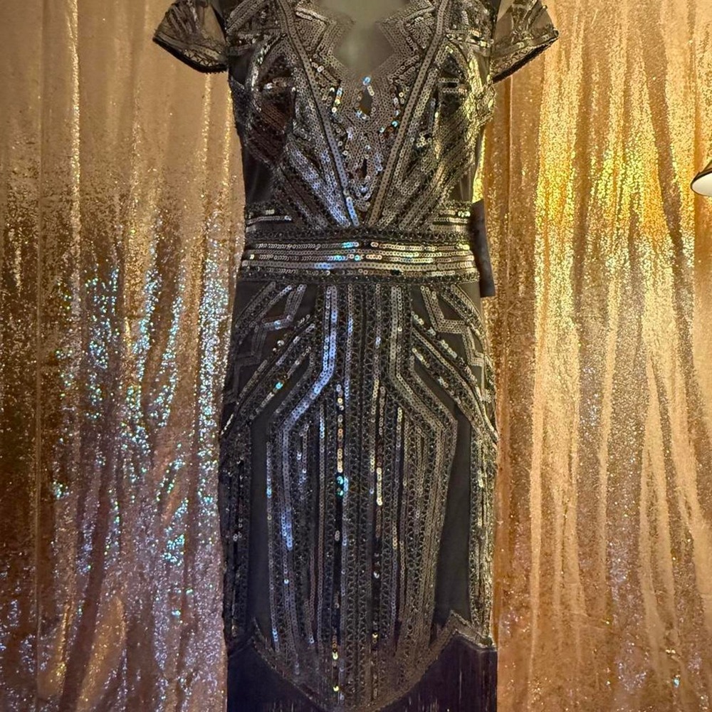 Womens Art Deco Flapper Dress Black Silver Sequin Fringe Gatsby Party/Size M